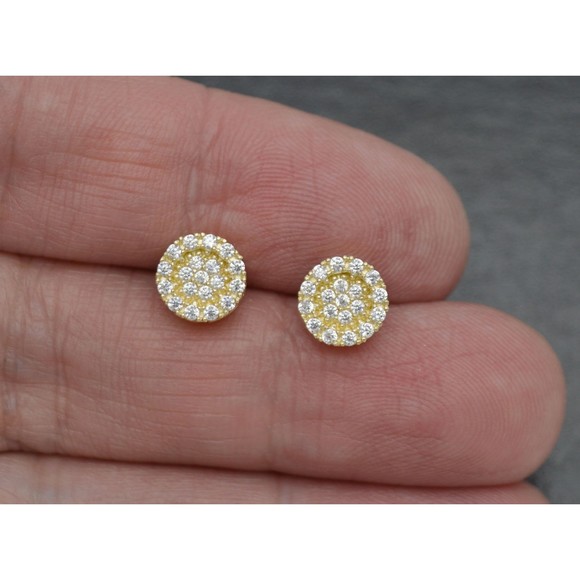 Real 10K Solid Yellow Gold 8mm Mens CZ Charm Halo Round Cut Stud Earrings 1.7gr - Picture 2 of 5